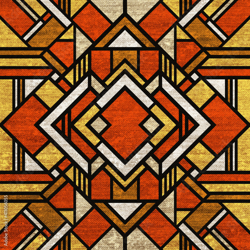 Carpet design for a modern interior. Art Deco. Orange. Yellow. White. Black lines. 