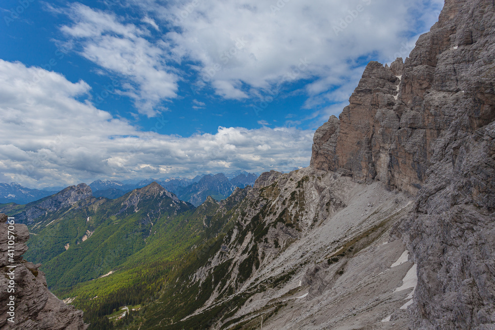 Panorama of the Cadore dolomites and Duranno Peak. Mount Civetta recognizable in the background on the right. View from the East