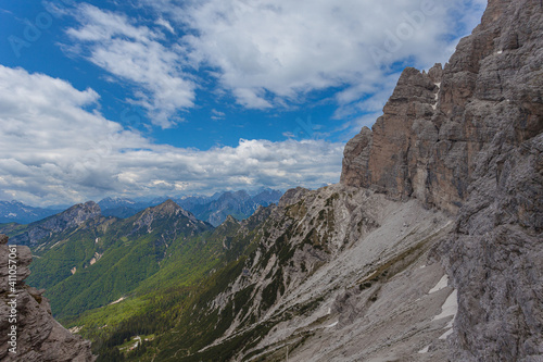 Panorama of the Cadore dolomites and Duranno Peak. Mount Civetta recognizable in the background on the right. View from the East