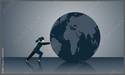 
vector illustration of business woman pushing a globe on a gray background