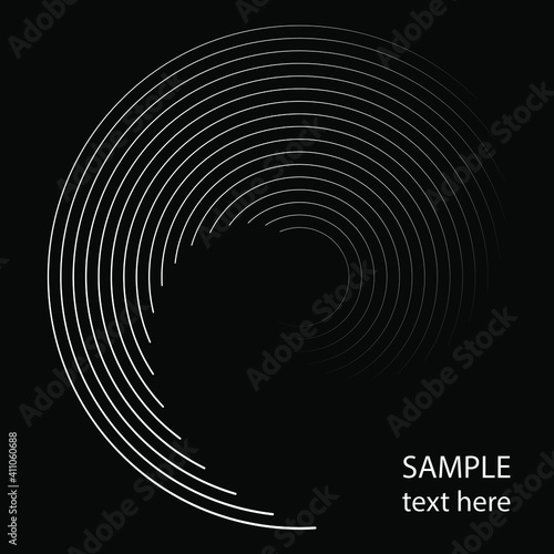 White triangle lines in abstract spiral form. Vector illustration. Design element for technology round logo, striped border frame, blackout tattoo, prints, monochrome pattern and abstract background