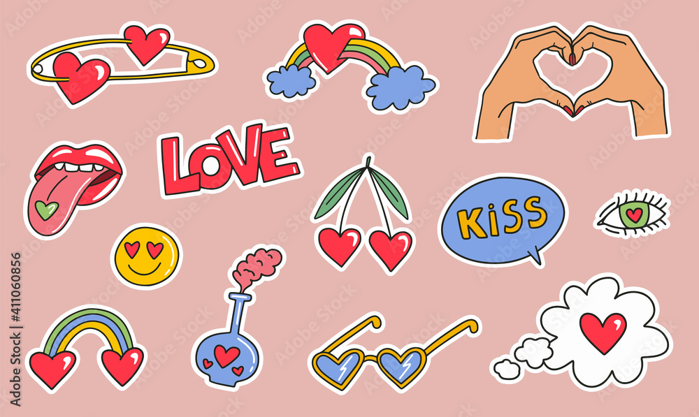 Hand drawn cute romantic colorful stickers set. Fashion patches of lips, hands, rainbow, hearts, sun glasses, comic bubbles etc. Cartoon style. Vector illustration