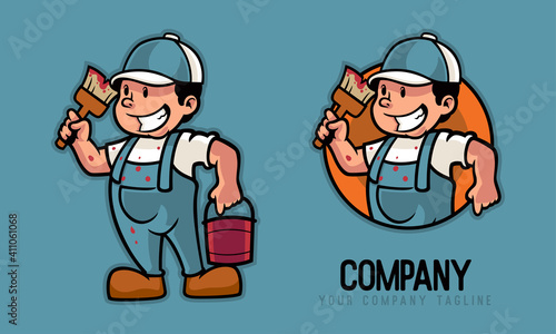 painter holding brush and paint cans mascot logo