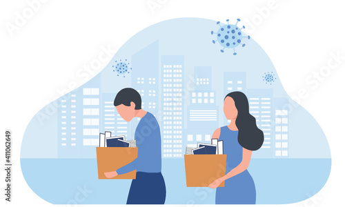 Dismissed depressed businessman holding a box. He was fired from job. Unemployment, economic crisis, economic downturn, jobless, lay off concept after covid-19 pandemic outbreak vector illustration photo