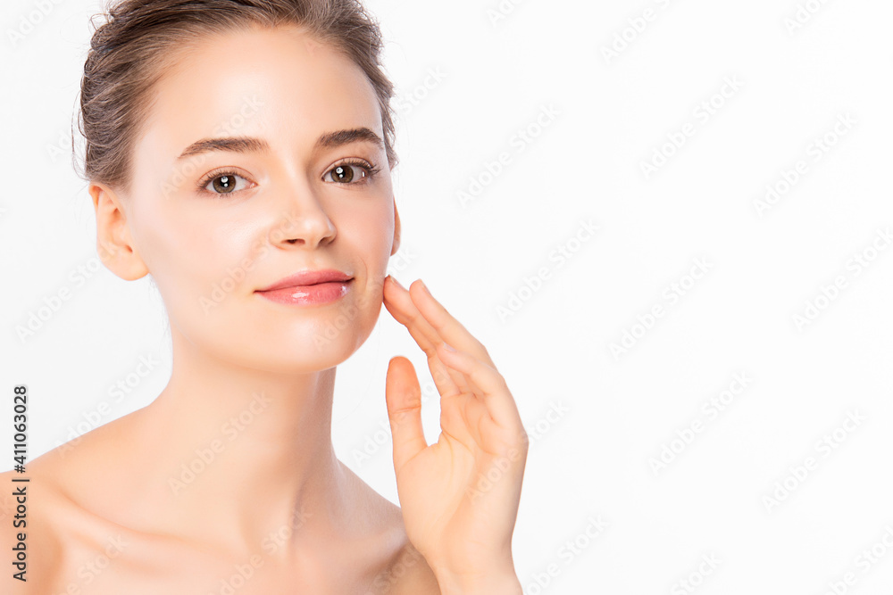 Beautiful young woman with clean fresh skin on white background, Face care, Facial treatment, Cosmetology, beauty and spa, women portrait Beautiful young woman with clean fresh skin on white background, Face care, Facial treatment, Cosmetology, beauty and spa, women portrait