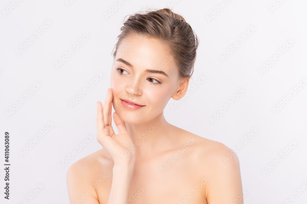 Beautiful young woman with clean fresh skin on white background, Face care, Facial treatment, Cosmetology, beauty and spa, women portrait Beautiful young woman with clean fresh skin on white background, Face care, Facial treatment, Cosmetology, beauty and spa, women portrait