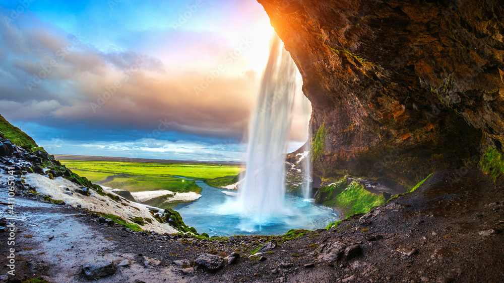 Scenic View Of Waterfall Against Sky During Sunset - obrazy, fototapety, plakaty 