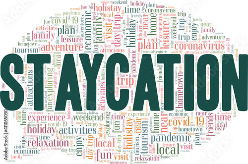 Staycation vector illustration word cloud isolated on a white background.