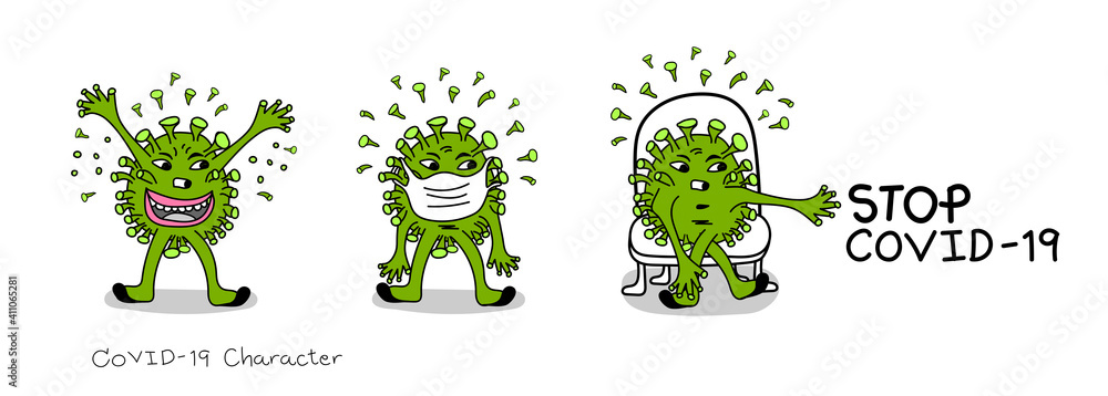Covid-19 cartoon vector characters,  Stop coronavirus (covid-19), Corona virus danger and public health risk disease. COVID-19 cartoon wearing a mask vector illustration