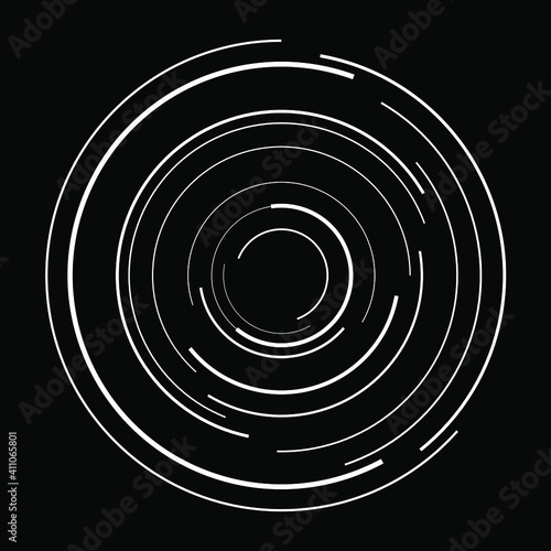 Abstract white circular speed lines. Vector illustration. Design element for technology round logo, striped border frame, blackout tattoo, prints, monochrome pattern and abstract background