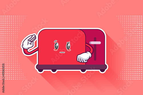 REALLY, ATTENTIVE, CURIOS Face Emotion. Salute, Respect Finger Hand Gesture. Toaster Cartoon Drawing Mascot Illustration.