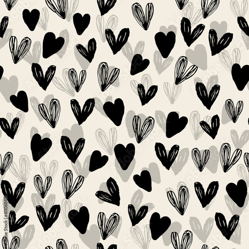 seamless decoration pattern background with monochrome hand draw heart