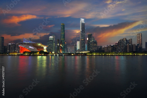 China  Guangdong  Guangzhou city skyline  Zhujiang New Town  International Finance Center  and Zhujiang  Pearl  River.              