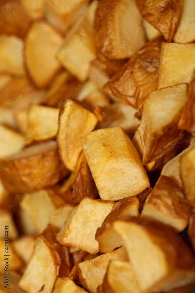 Cutting potatoes in small pieces close up catering background modern high quality print
