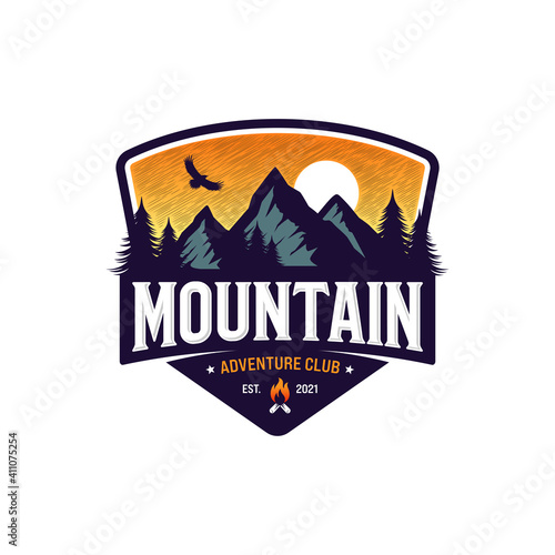 Mountain logo design vector illustration, outdoor adventure . Vector graphic for t shirt and other uses.
