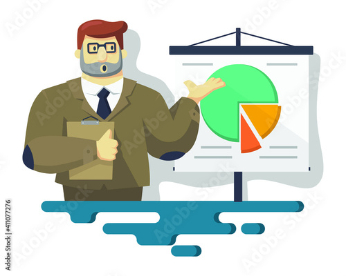 Smart businessman in suit is presenting on circle graph display, financial concluding meeting inference. business and finance concept in simple trendy color flat style vector.