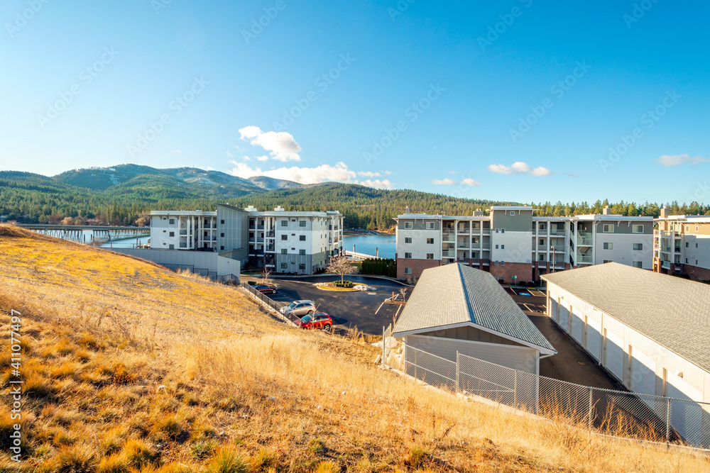 An upscale waterfront condominium community overlooking the Spokane River in Post Falls Idaho, USA
