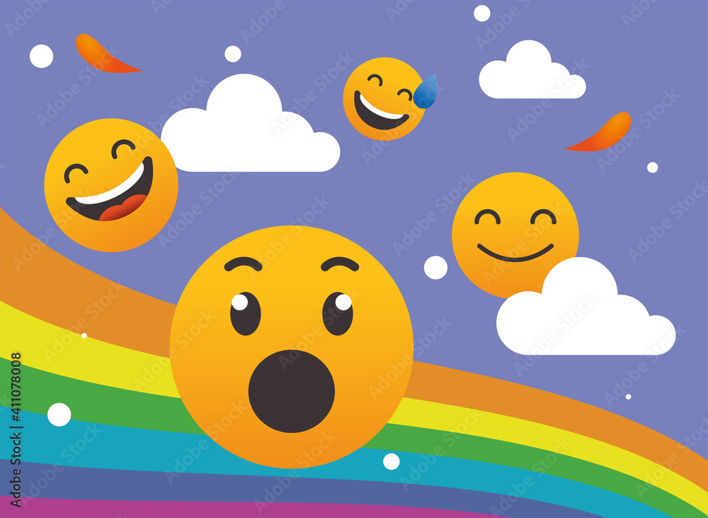 Naklejka premium Happy emojis faces with rainbow and clouds vector design