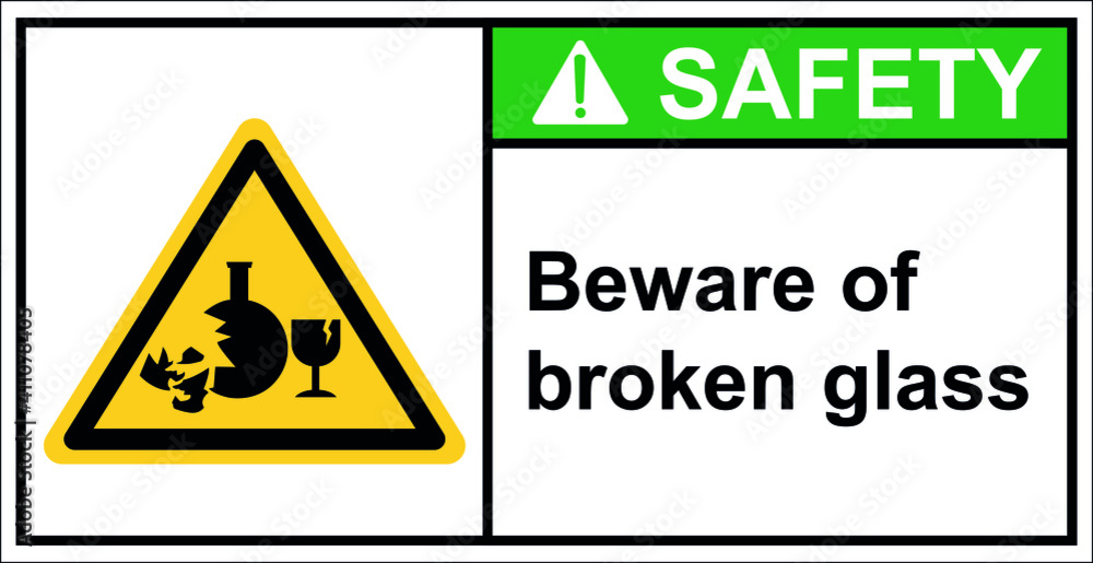 Warning, broken glass is dangerous.,Safety sign