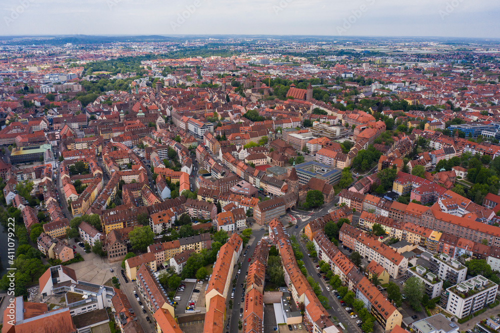 Aerial view of old town of the city Nurmberg in Germany, Bavaria on a spring noon.	