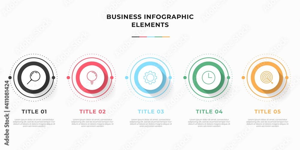Presentation business infographic template with 5 options or steps. Modern infographic design template. Creative concept of five stages of business project Presentation business infographic template with 5 options or steps. Modern infographic design template. Creative concept of five stages of business project