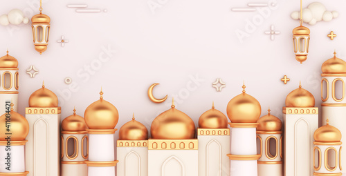 Islamic decoration background with mosque lantern on white, cartoon style, ramadan kareem, mawlid, iftar, isra miraj, eid al fitr adha, muharram, wide composition, copy space text, 3D illustration.