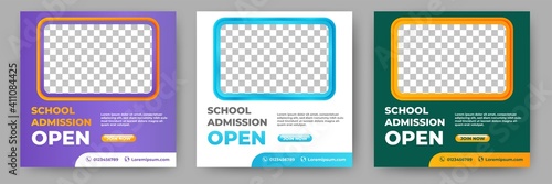 Set of Editable school admission promotion banner. Banner design with a green, white, and purple color background. Suitable for social media, banners, and web internet ads.