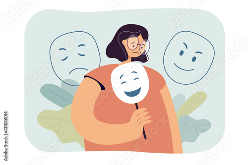Sad woman hiding emotions under mask flat vector illustration. Cartoon miserable character with false face in negative mood. Personality and psychology concept