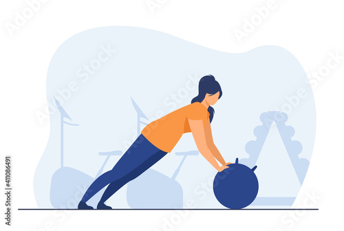 Woman training body in gym. Fit girl doing exercises with ball. Flat vector illustration. Activity, sport, lifestyle, workout concept for banner, website design or landing web page