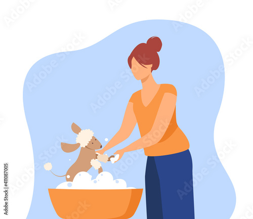Woman washing pet in basin. Small dog, poodle, bawl, foam. Flat vector illustration. Domestic animals care, groomer job concept for banner, website design or landing web page