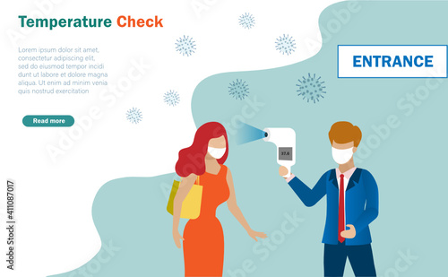 Man using infrared thermometer checking temperature of customer at entrance gate. Idea for new normal, social distancing and prevention during COVID-19 coronavirus pandemic.