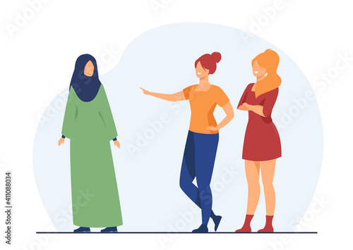 Girls bullying Muslim classmate. Shaming, teasing, minority. Flat vector illustration. Social problem, violence, cultural difference concept for banner, website design or landing web page