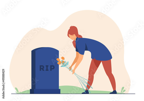 Woman visiting relatives grave. Person laying flowers at headstone. Flat vector illustration. Grief, monument, cemetery concept for banner, website design or landing web page