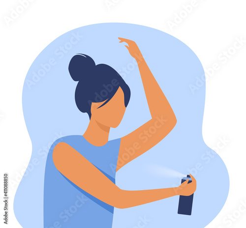 Woman spraying deodorant on armpit. Fragrance, odor, cosmetic protection. Flat vector illustration. Hygiene, self care, routine concept for banner, website design or landing web page