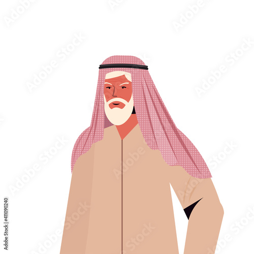 old arab man in traditional clothes senior arabic male cartoon character gray haired grandfather portrait vector illustration