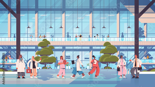 doctors in uniform standing together mix race medical workers team discussing during meeting healthcare medicine concept hospital building exterior horizontal full length vector illustration