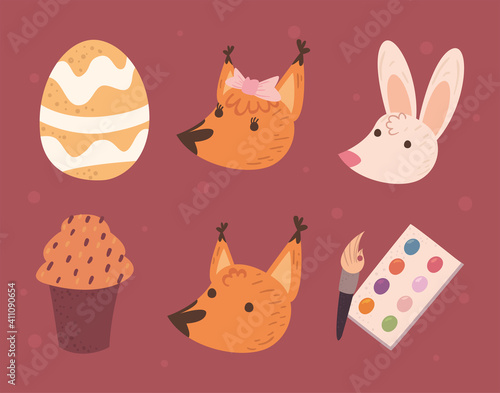 Happy easter foxes and rabbit cartoons with icon set vector design