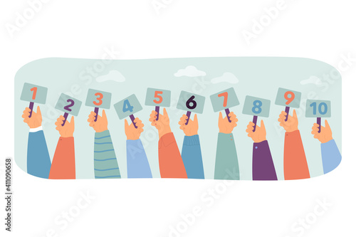 Competition judges vector illustration. Line of hands holding and showing scorecards with scores or grades. For contest game, jury, evaluation, feedback, vote concept