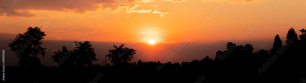 silhouette of red and yellow sky behind and trees in the forefront