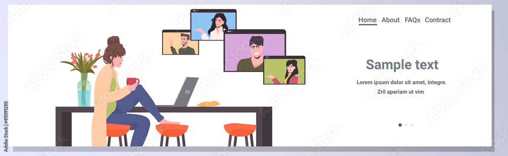woman chatting with mix race colleagues in web browser windows during video call online conference meeting remote work self isolation concept horizontal copy space vector illustration