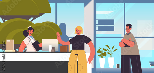 patients standing line queue at reception counter with receptionist healthcare medicine concept hospital building exterior horizontal portrait vector illustration