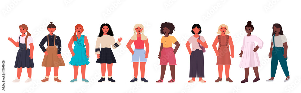 set happy mix race children little girls in casual trendy clothes female cartoon characters collection full length isolated horizontal vector illustration set happy mix race children little girls in casual trendy clothes female cartoon characters collection full length isolated horizontal vector illustration