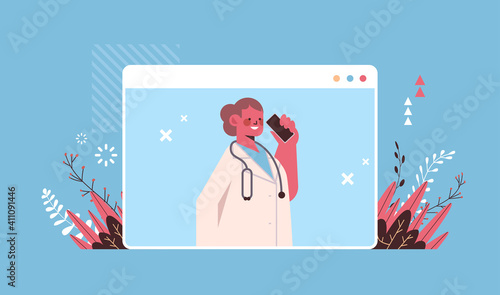 female doctor in web browser window talking on phone consulting patient online consultation healthcare telemedicine medical advice concept portrait vector illustration