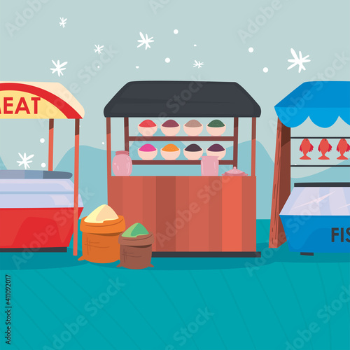 Meat condiments and fish market at night vector design