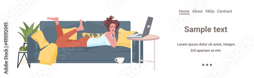 woman lying on sofa using laptop online communication social networking remote work self isolation concept horizontal copy space full length vector illustration