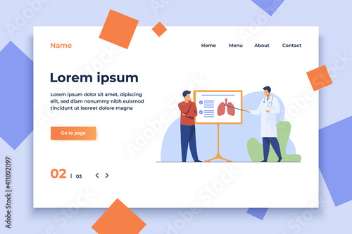 Doctor telling about lungs to patient. Lecture, disease, respiration flat vector illustration. Medicine and healthcare concept for banner, website design or landing web page