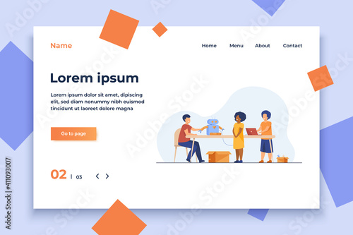 Children presenting cyborg at robotics class. Children showing robot to teacher. Vector illustration for education, robotic technology, school project concept