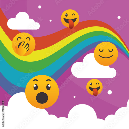 Happy emojis faces set with rainbow and clouds vector design