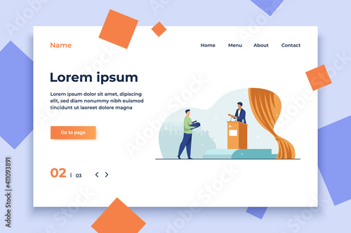 Cameraman shooting speaker on stage. Politician speaking on rostrum before audience flat vector illustration. Spokesman, election campaign concept for banner, website design or landing web page