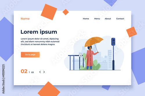 Boy with umbrella crossing road in rainy day. City, pedestrian, traffic lights flat vector illustration. Weather and urban lifestyle concept for banner, website design or landing web page